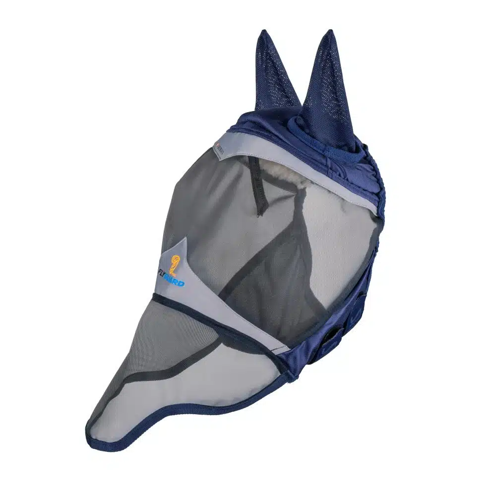flughuva med öron nos mulskydd uv-skydd för flugor insekter sol heltäckande från shires flyguard bra pris hästprodukter hästutrustning passform