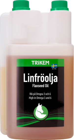 effektivt fodertillskott kallpressad linfröolja till häst från trikem 1000ml 1l för magen pälsen ökad energi bra pris hästvård hästutrustning REA KAMPANJ