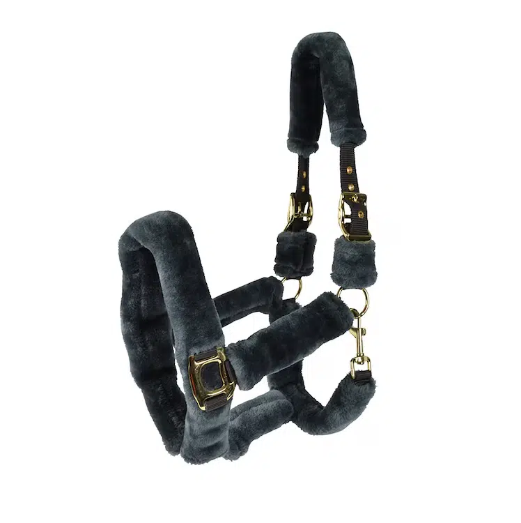 supermysig super mjuk teddy fiskpäls nylongrimma till häst från hansbo sport slitstark billig bra pris faux fur grå beige mässing