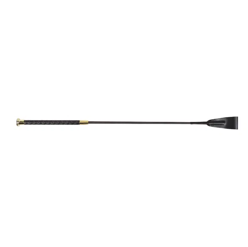 prisvärd ridpisk för ridning av häst hoppisk för ryttare 65cm långt plaited från hansbo sport flätat konstläder handtag med läderflärp brun silver mässing guld