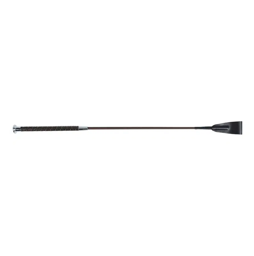 prisvärd ridpisk för ridning av häst hoppisk för ryttare 65cm långt plaited från hansbo sport flätat konstläder handtag med läderflärp brun silver mässing guld