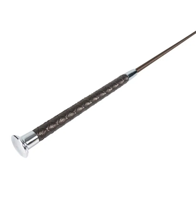 prisvärd ridpisk för ridning av häst hoppisk för ryttare 65cm långt plaited från hansbo sport flätat konstläder handtag med läderflärp brun silver mässing guld