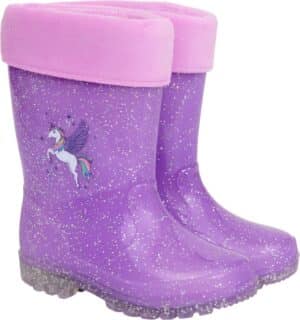glittriga gummistövlar till barn fodrade med avtagbart fleece håller fötterna varma torra från equipage light glitter unicorn enhörning bra pris ridskor till stallet förskolan