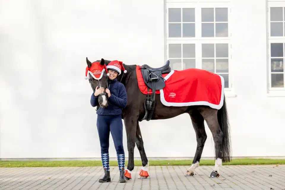 juligt ländtäcke i fleece till häst rött vitt perfekt för juluppvisning luciatåg hästutrustning bra pris från horse guard