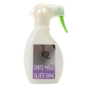 effektivt spraybalsam till häst hund katt djur som gör pälsen lätt att reda ut för ljusa vita pälsar tar bort fläckar torrschampo från K9 white magic silver shine REA KAMPANJ