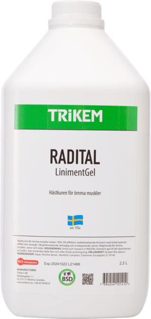 dubbelverkande liniment populärt till häst och människa för ömma muskler efter arbete träning tävling från trikem radital rea kampanj