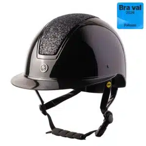 elegant exklusiv glansig högblank ridhjälm MIPS till ryttare säkerhet med MIPS system från hansbo sport hög säkerhet populär ridhjälm svart vision glitter fri frakt fraktfritt