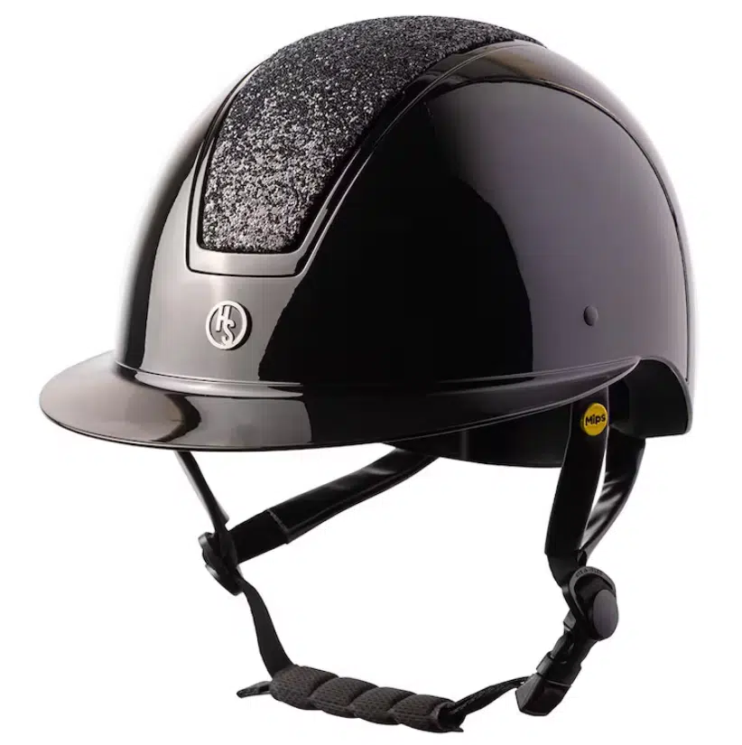 elegant exklusiv glansig högblank ridhjälm MIPS till ryttare säkerhet med MIPS system från hansbo sport hög säkerhet populär ridhjälm svart vision glitter fri frakt fraktfritt