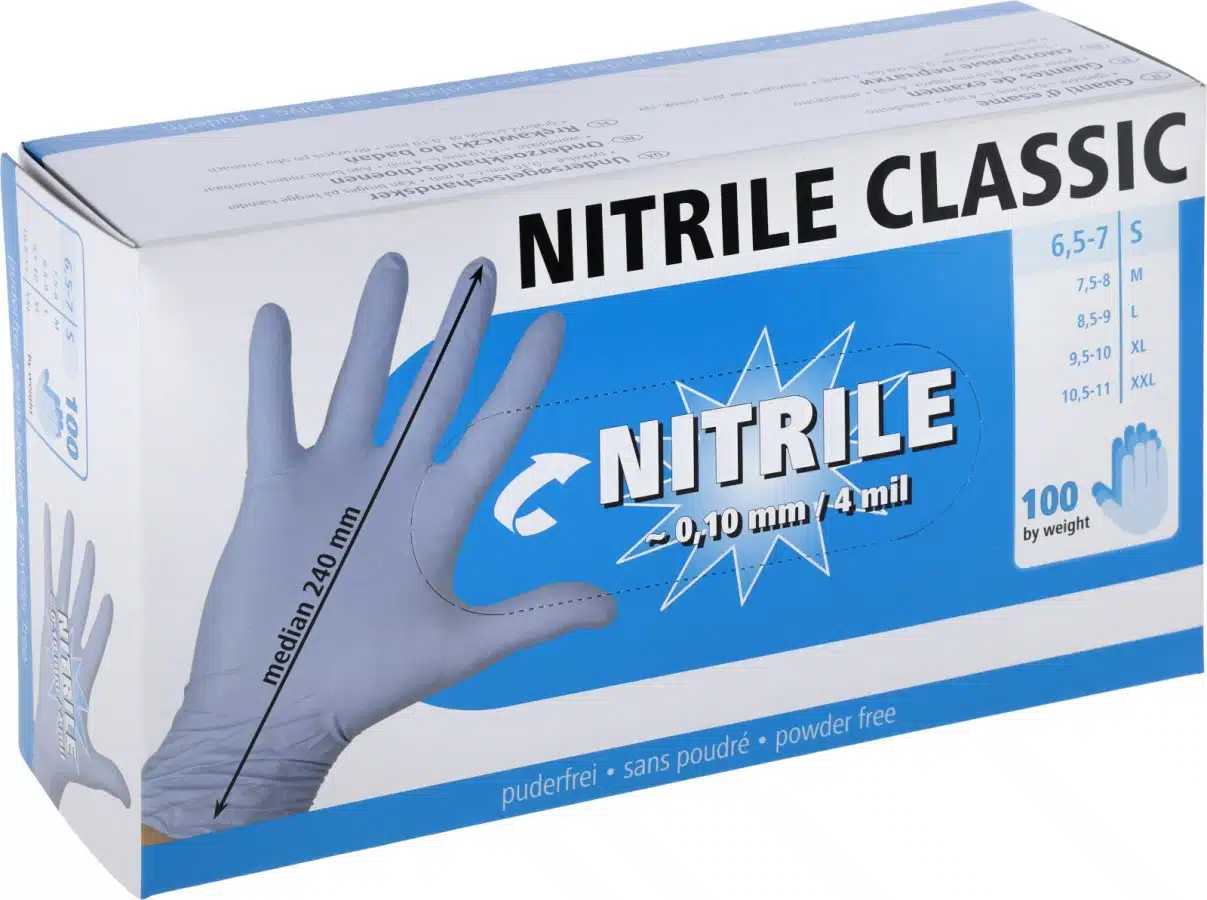 kraftiga engångshandskar för linimentering sårvård häst mjölkning kor nitrile classic från kerbl bra pris ljusblå 100-pack
