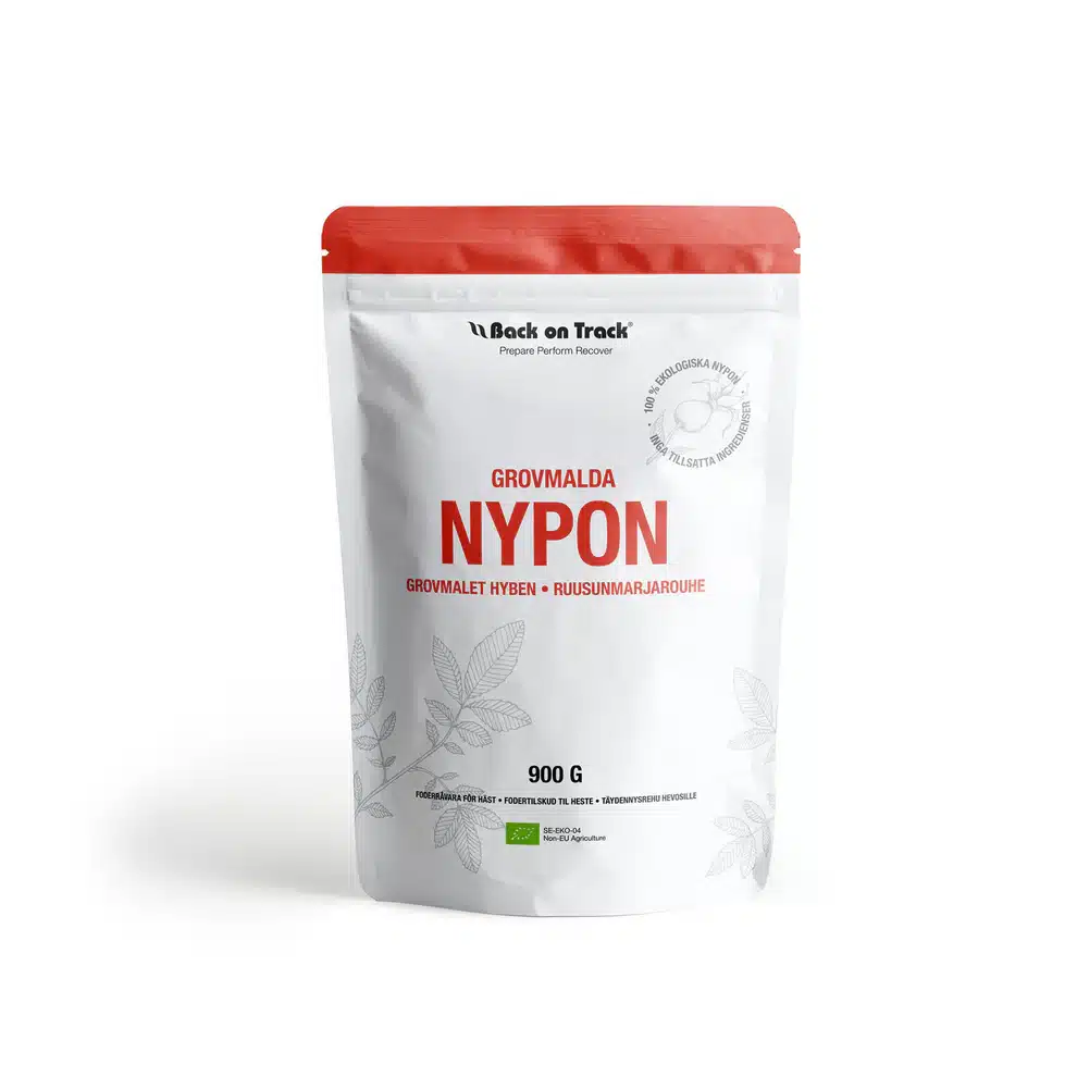 effektivt fodertillskott till häst nypon grovmalen från chile back on track 1,5kg bra för hästens leder äldre hästar sport hästar i hård träning tävling rikt på c-vitamin bra pris REA KAMPANJ rosa canina eko
