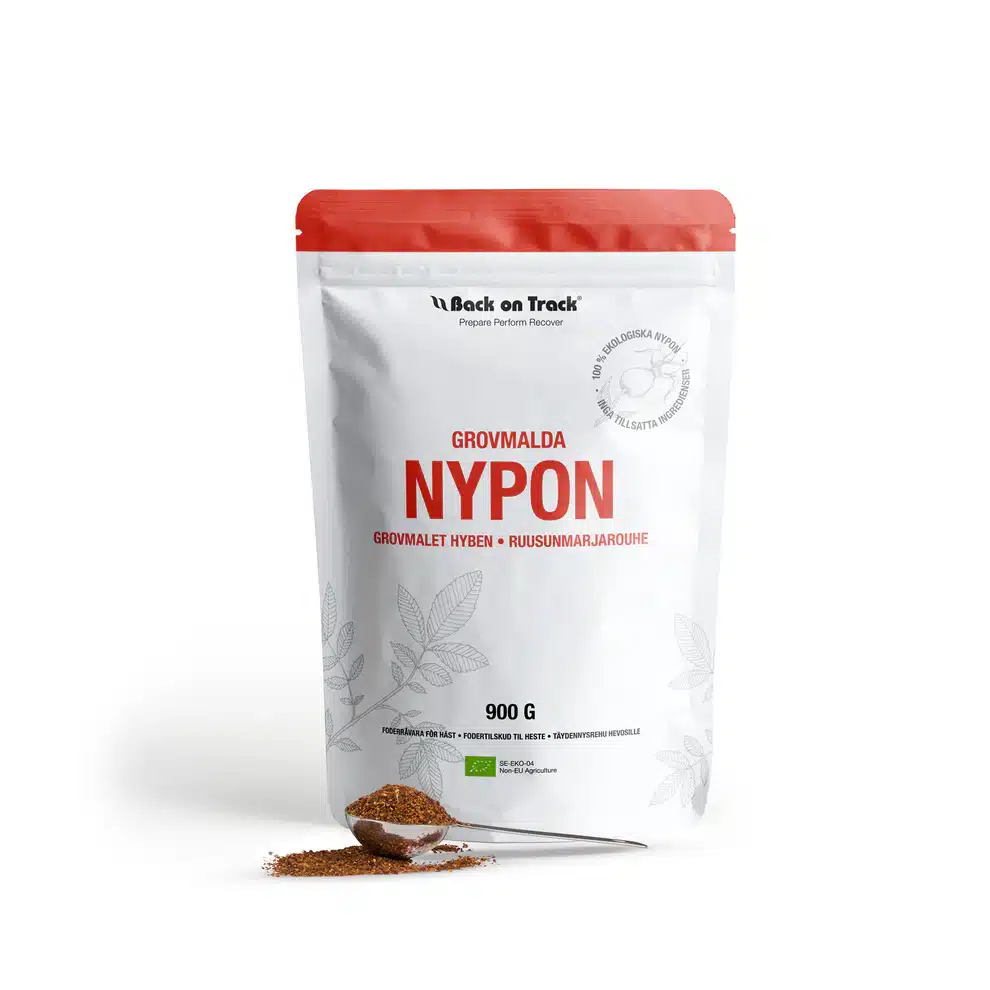 effektivt fodertillskott till häst nypon grovmalen från chile back on track 1,5kg bra för hästens leder äldre hästar sport hästar i hård träning tävling rikt på c-vitamin bra pris REA KAMPANJ rosa canina eko