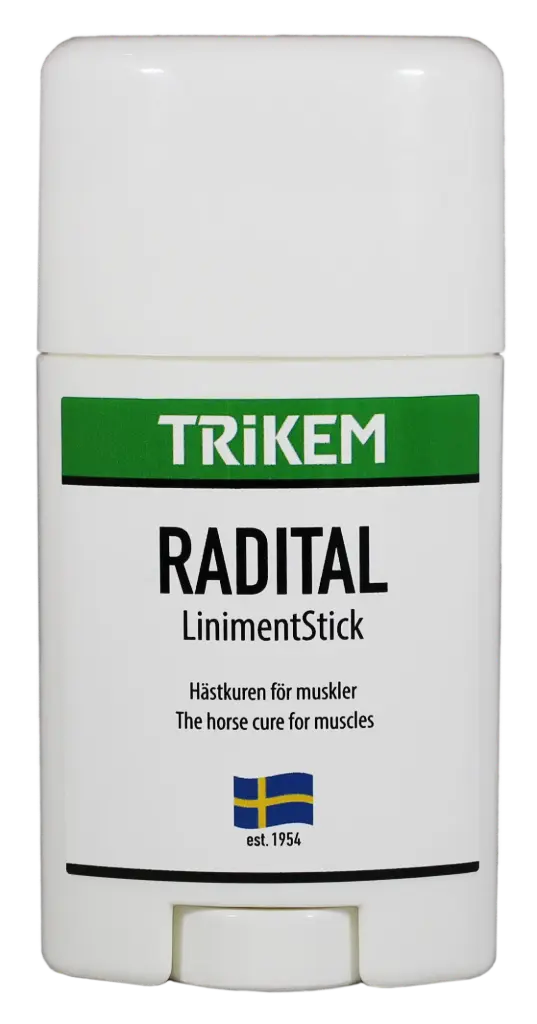 nyhet dubbelverkande liniment i stick från trikem radital smidigt att dra över musklerna utan kladd och spill ökar blodcirkulation i muskler innan och efter arbete för människa och häst bra pris vårdprodukter rea kampanj