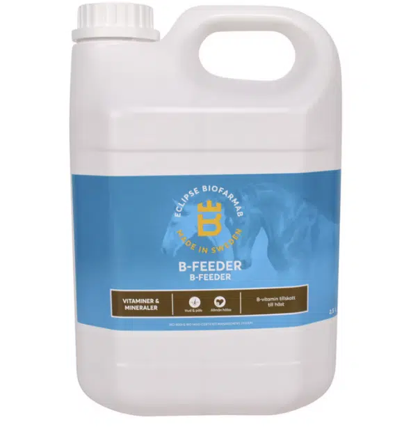 effektivt fodertillskott till häst från eclipse biofarmab b-vitamin flytande 2500ml för pälsbyte resa diaree sjukdom bra pris skötsel vård häst rea kampanj