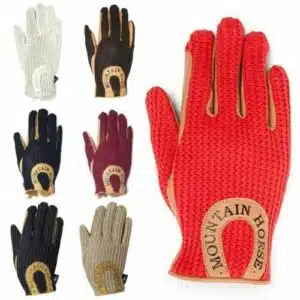 klassiska ridhandske junior med skinn virkad hand bra grepp från mountain horse crochet glove bra pris ridkläder ryttare