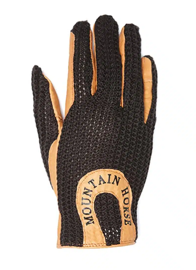 klassiska ridhandske junior med skinn virkad hand bra grepp från mountain horse crochet glove bra pris ridkläder ryttare