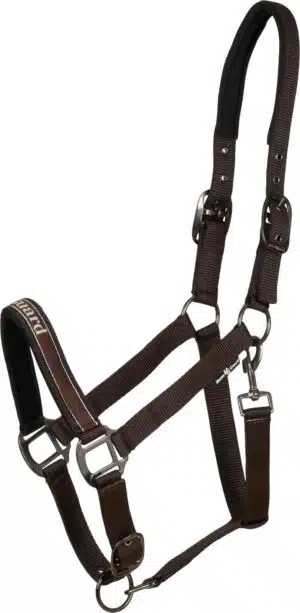 trevlig prisvärd nylongrimma fodrad till häst från horse guard sandra med tryck över nos mörkbrun after dark bra pris hästutrustning